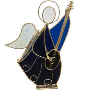 Vintage Stained Glass Angel Figurine AS IS Guitar Music Musician Blue Brown
